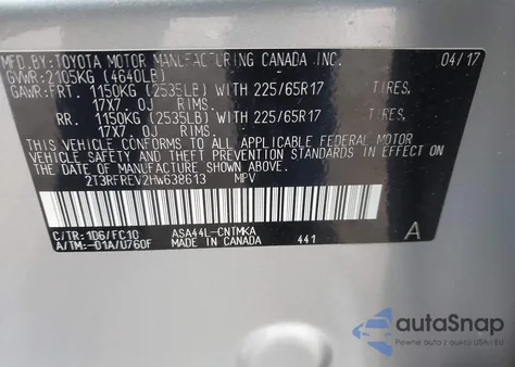 2017 Toyota Rav4 Xle из США, поврежденный, VIN 2T3RFREV2HW638613